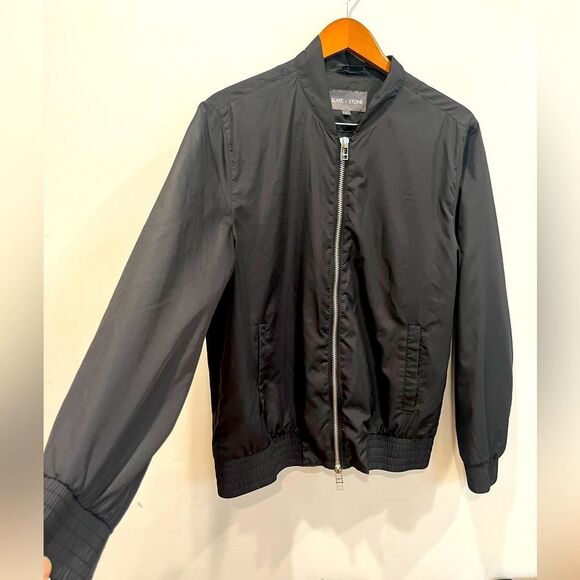 Slate and Stone Men’s Large Black  Windbreaker Silver Zip Up Jacket Coat Top - Picture 1 of 10